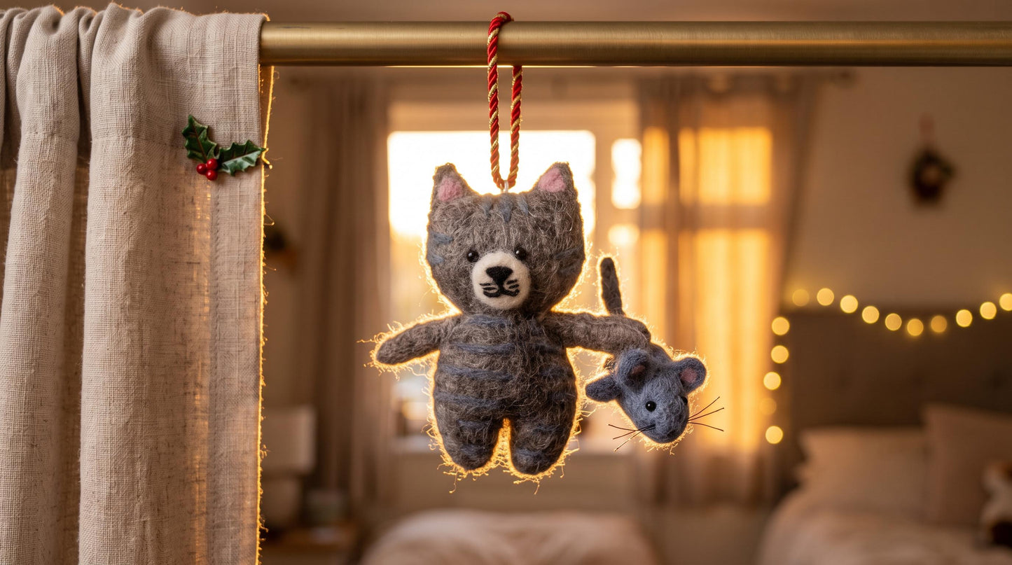 Hand Felted Tabby Cat Christmas Ornament Holding Gray Mouse