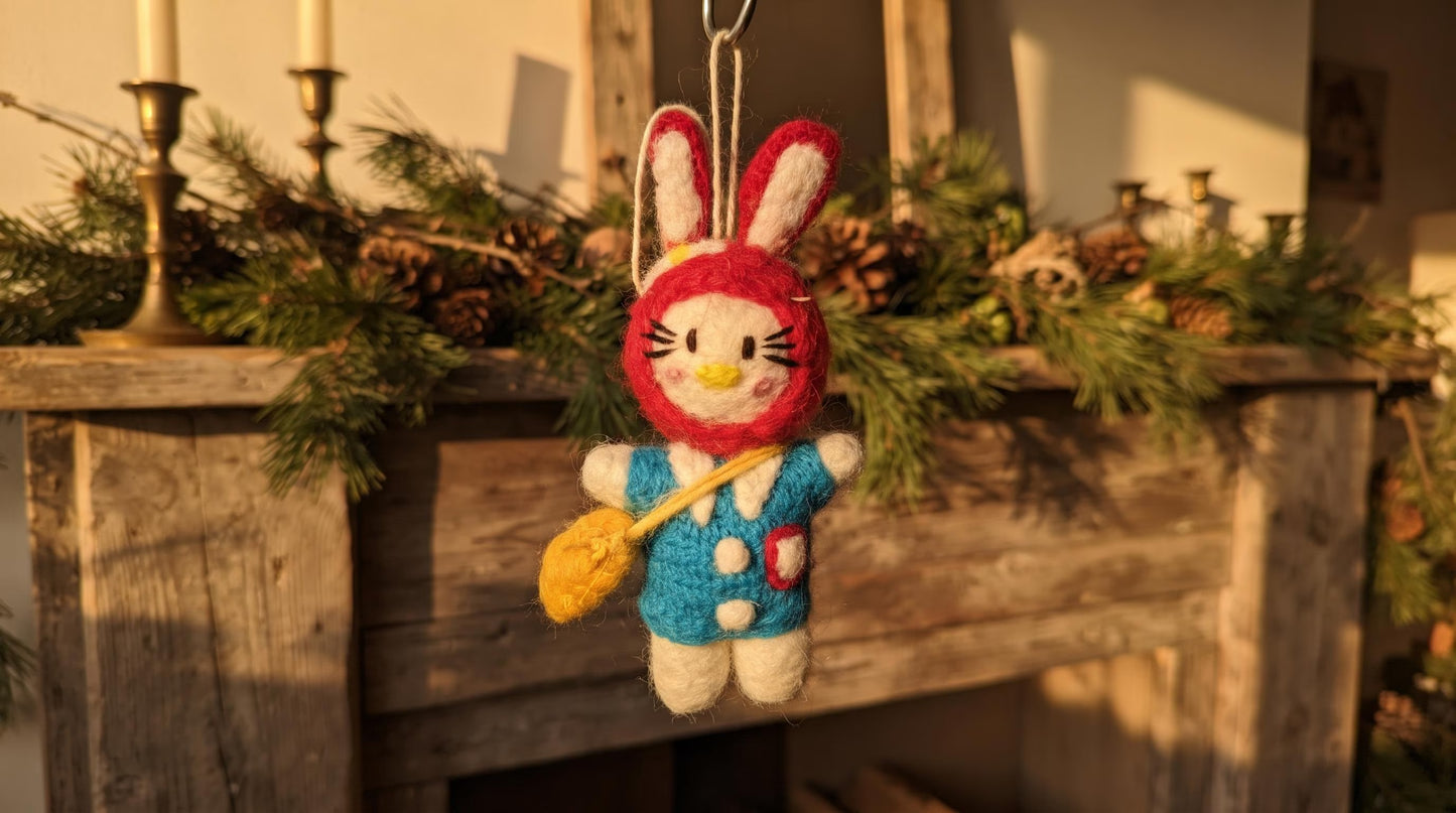 Hand Felted Bunny Christmas Ornament with Red Hood & Blue Dress