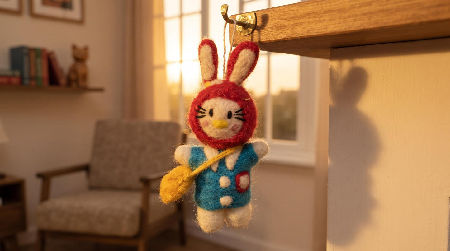 Hand Felted Bunny Christmas Ornament with Red Hood & Blue Dress