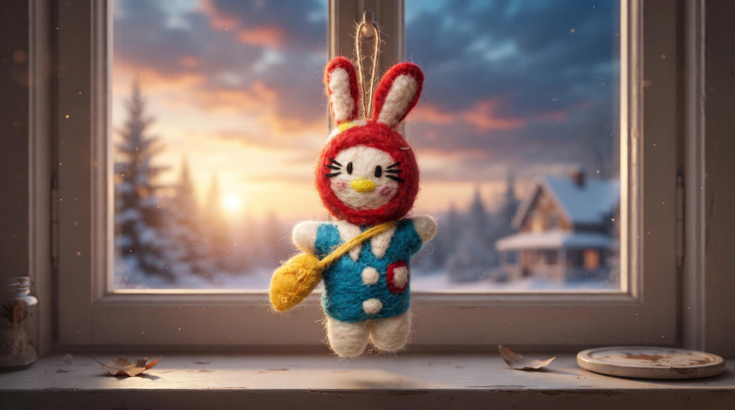 Hand Felted Bunny Christmas Ornament with Red Hood & Blue Dress