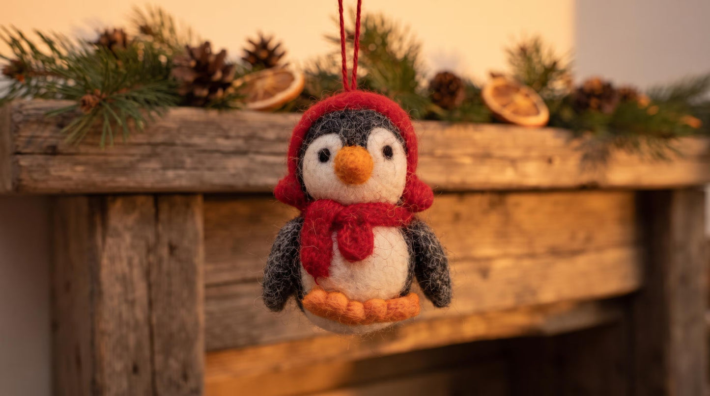 Handmade Felt Penguin Christmas Ornament with Red Earmuffs