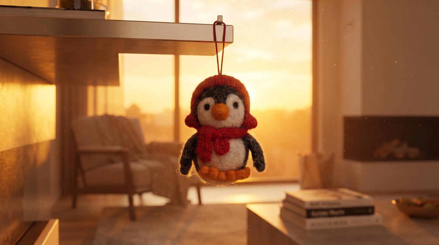 Handmade Felt Penguin Christmas Ornament with Red Earmuffs