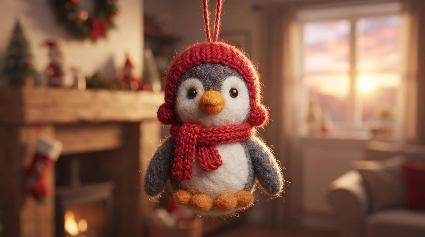 Handmade Felt Penguin Christmas Ornament with Red Earmuffs