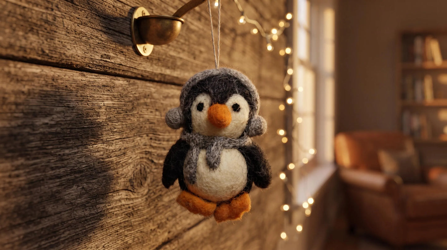 Handmade Felt Penguin Christmas Ornament with Gray Earmuffs