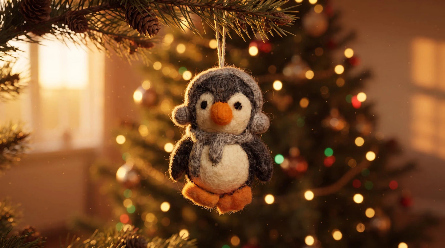 Handmade Felt Penguin Christmas Ornament with Gray Earmuffs