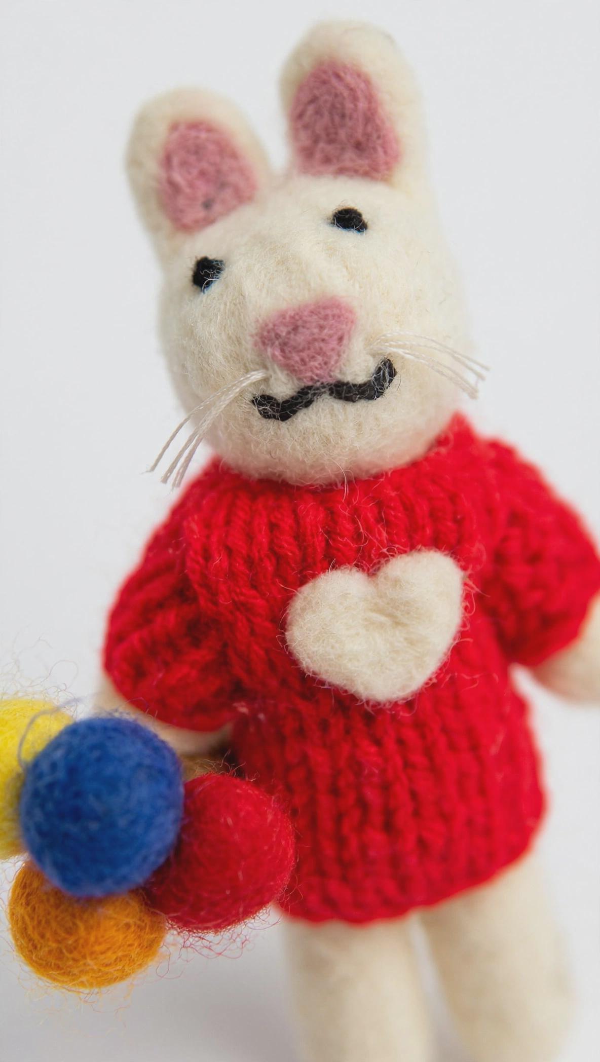 Hand Felted Mouse Ornament – Red Heart Sweater & Wool Pom-Poms