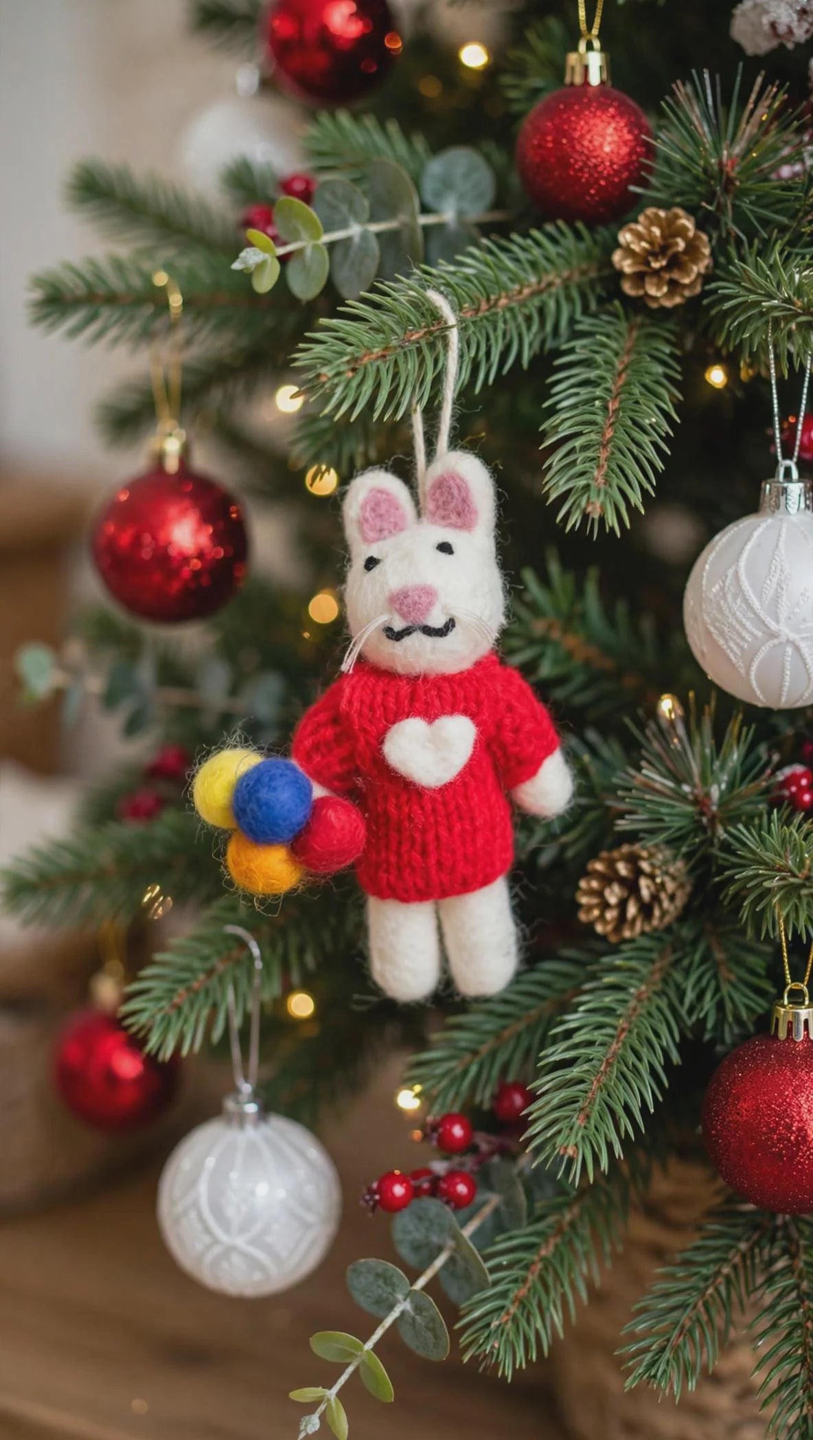 Hand Felted Mouse Ornament – Red Heart Sweater & Wool Pom-Poms