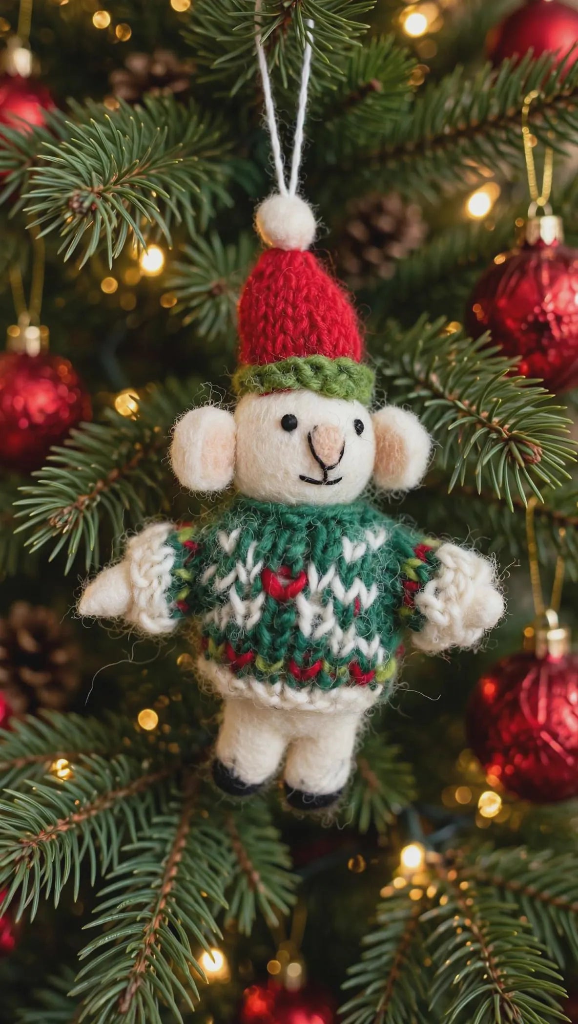 Hand Felted Mouse Christmas Ornament – Red Hat & Green Sweater