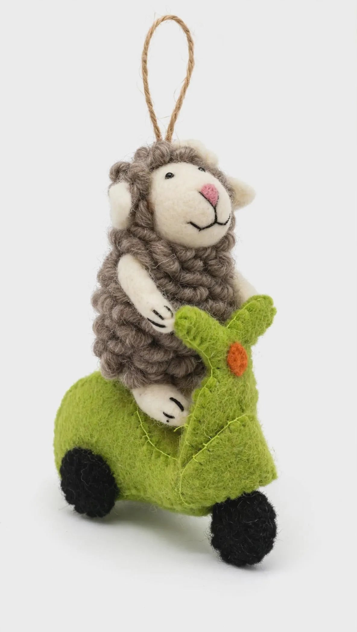 Hand Felted Sheep on Scooter Ornament – Whimsical Wool Christmas Tree Decoration