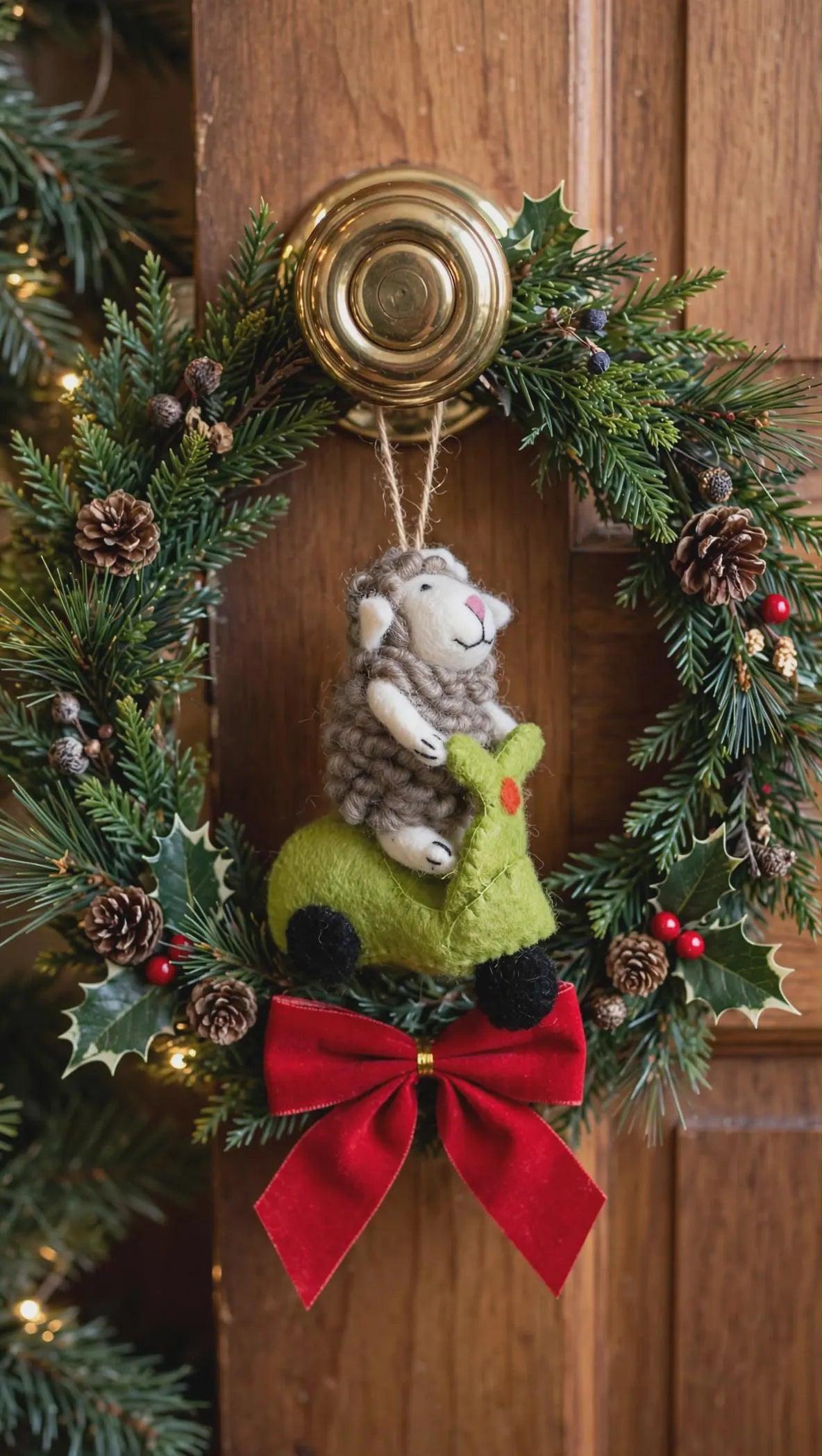 Hand Felted Sheep on Scooter Ornament – Whimsical Wool Christmas Tree Decoration
