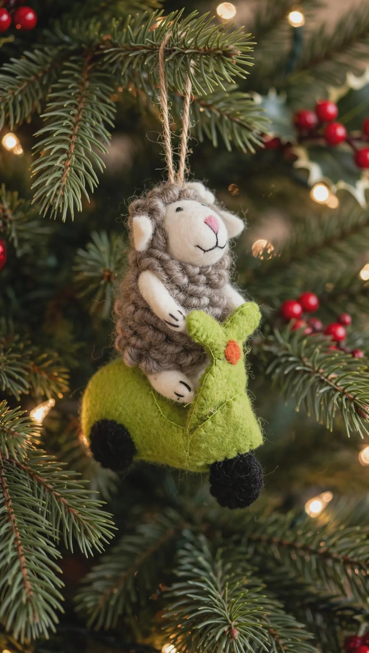 Hand Felted Sheep on Scooter Ornament – Whimsical Wool Christmas Tree Decoration