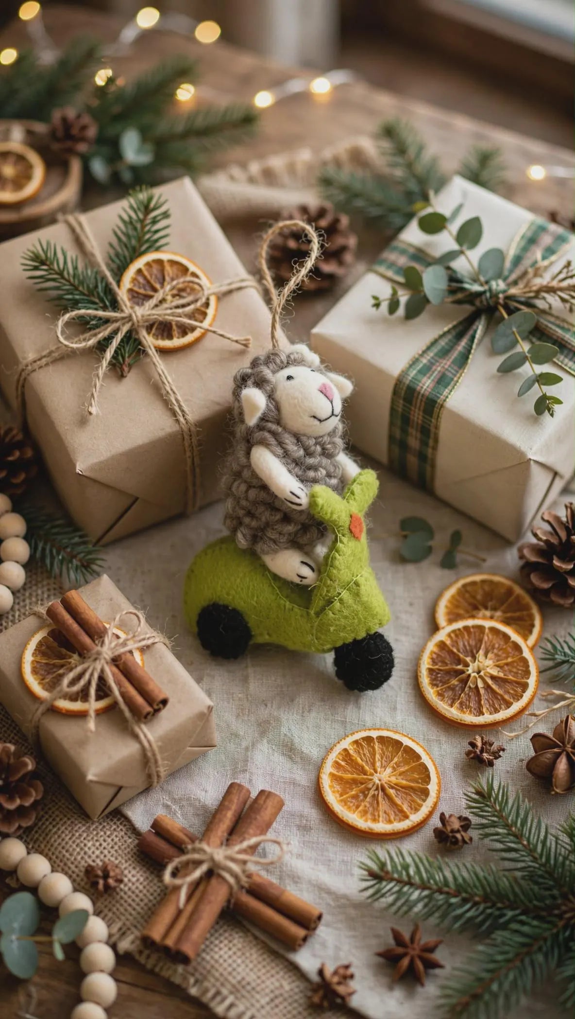 Hand Felted Sheep on Scooter Ornament – Whimsical Wool Christmas Tree Decoration