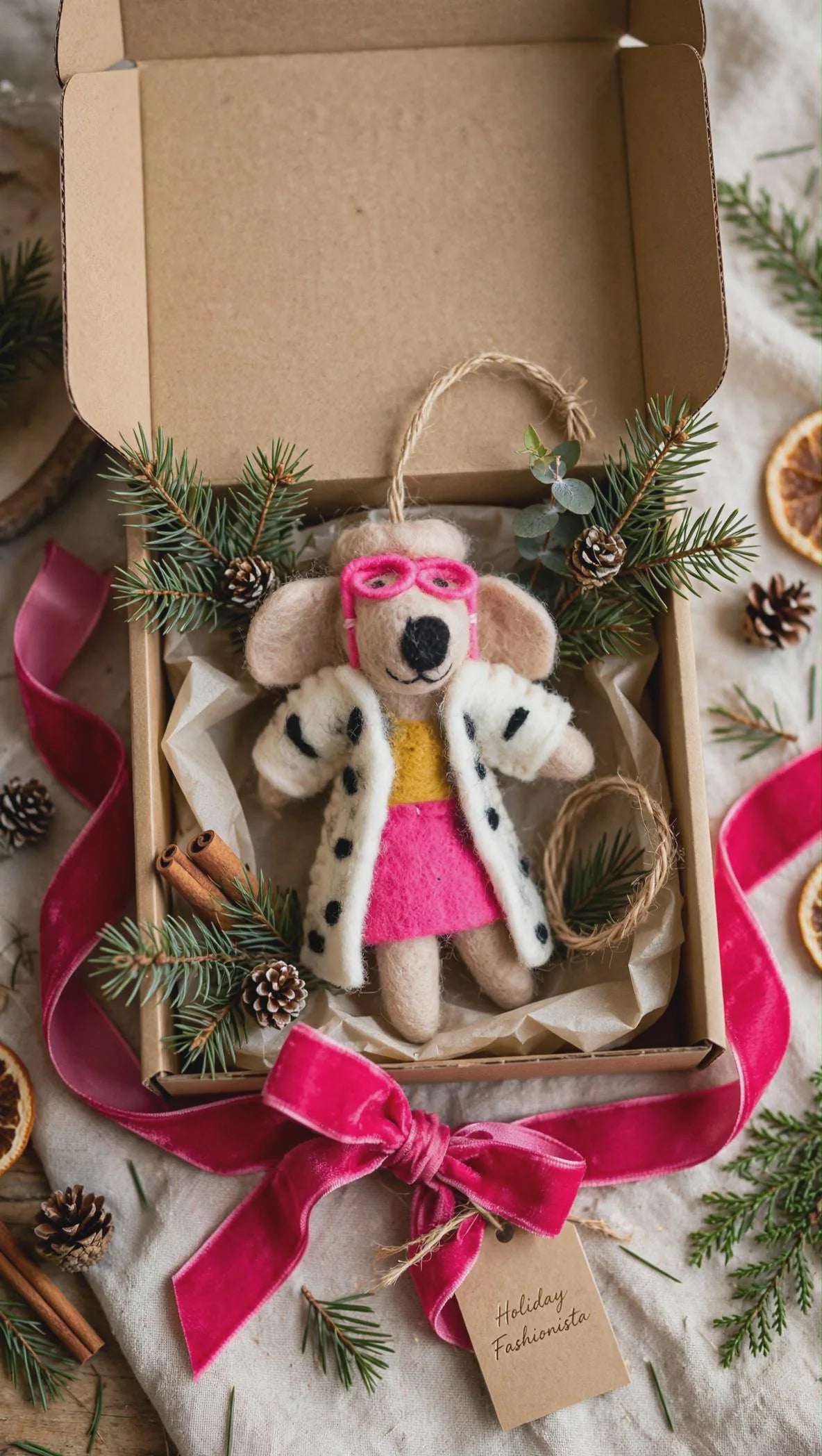 Hand-Felted Dog Ornament with Pink Glasses & Spotted Coat – Christmas Tree Decoration