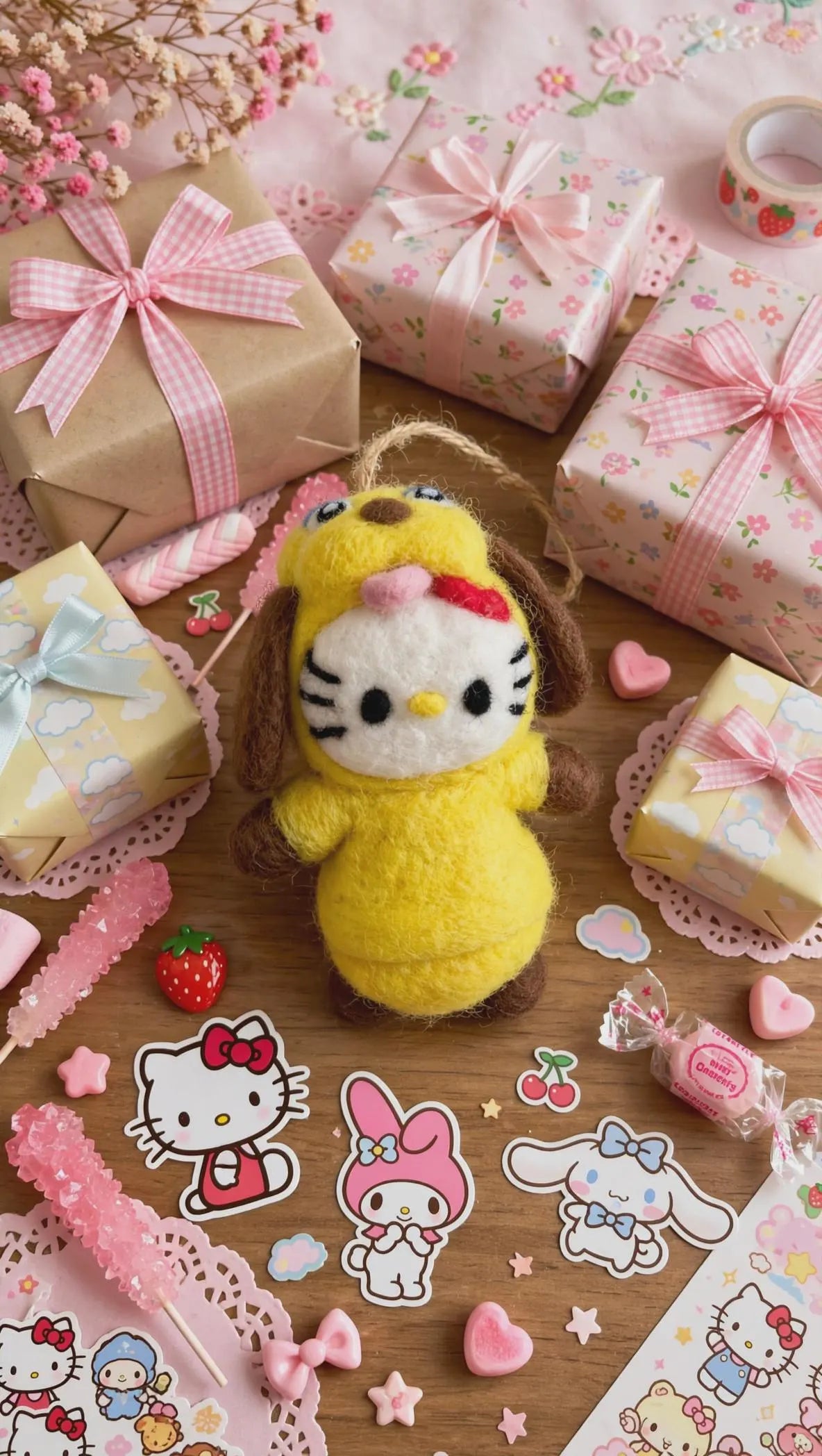 Handmade Felt Hello Kitty Dog Costume Ornament – Kawaii Christmas Tree Decoration
