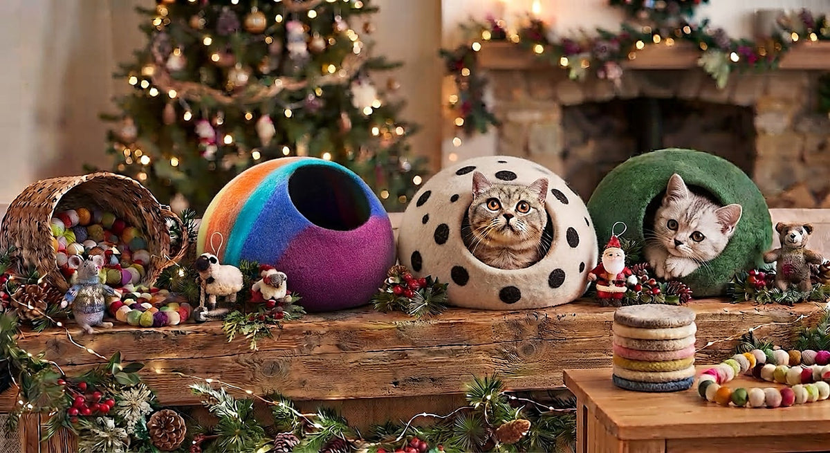 Felt cat caves with cats inside, coasters, felt ball garland and holiday decor, handmade in Nepal