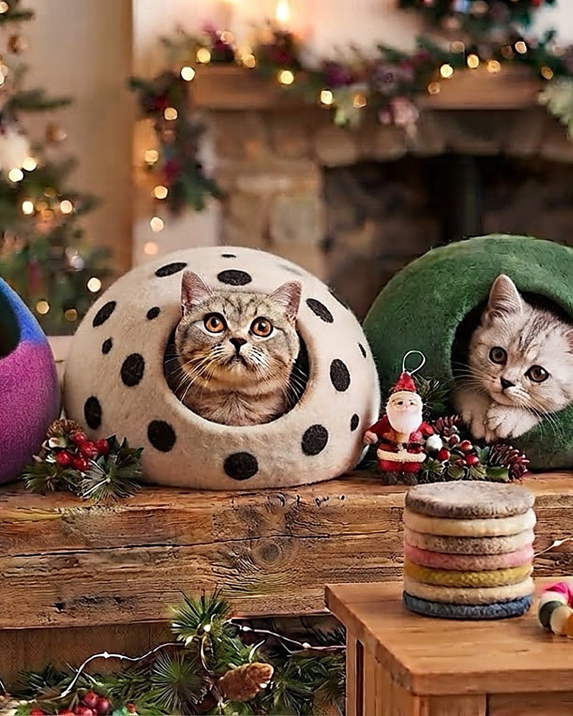 Felt cat caves with cats, mobile crop