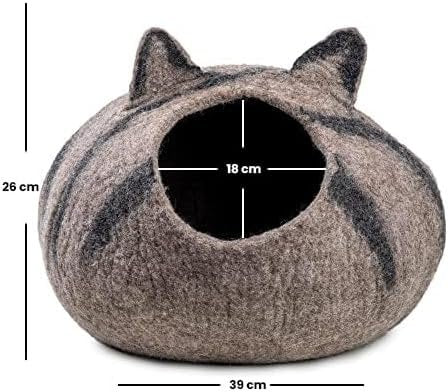 Woolygon Wool Cat Cave Bed - Handcrafted 100% Merino Wool, Eco-Friendly Felt Cat Cave for Indoor Cats and Kittens (Tabby Ears)
