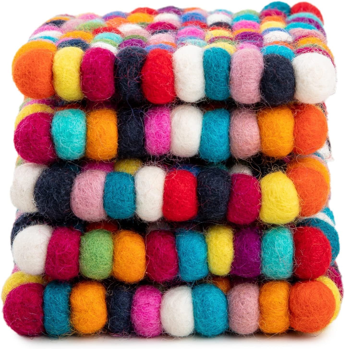 Square Felt Ball Coasters - 100% Merino Wool Table Coasters - Felt Coaster Pads, Absorbent Trivet for Drinks - Heat Resistant, Thick & Durable Hand Felted in Nepal by Woolygon- Multicolor - Set of 5