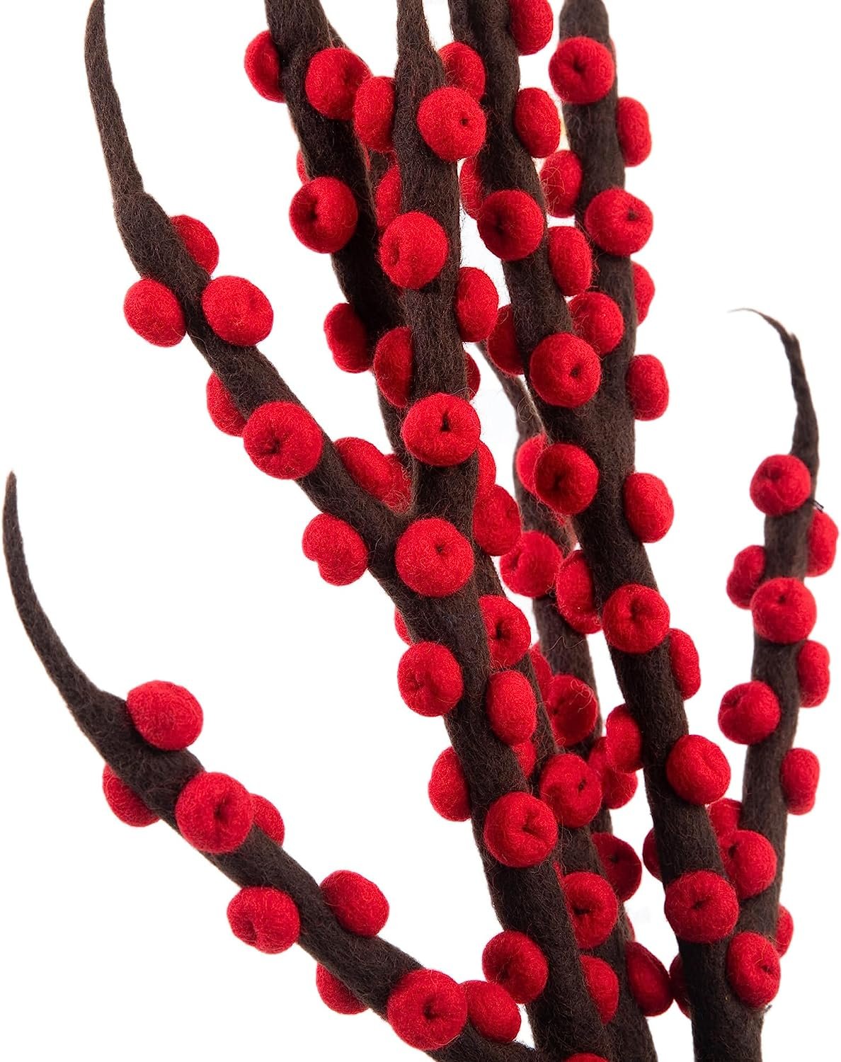 Woolygon Ilex Berry Red Artificial Flowers - Reusable, Washable Felted Flower Stem - Artificial Bouquet Natural Felt Hand-Made Fair Trade Flower | Great as Gift and Home or Event Decorations (Red)