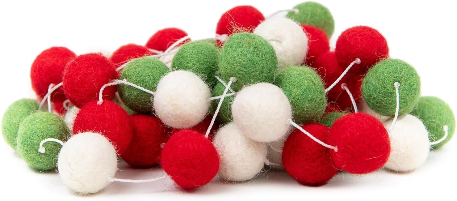 A colorful garland strung with felt balls.