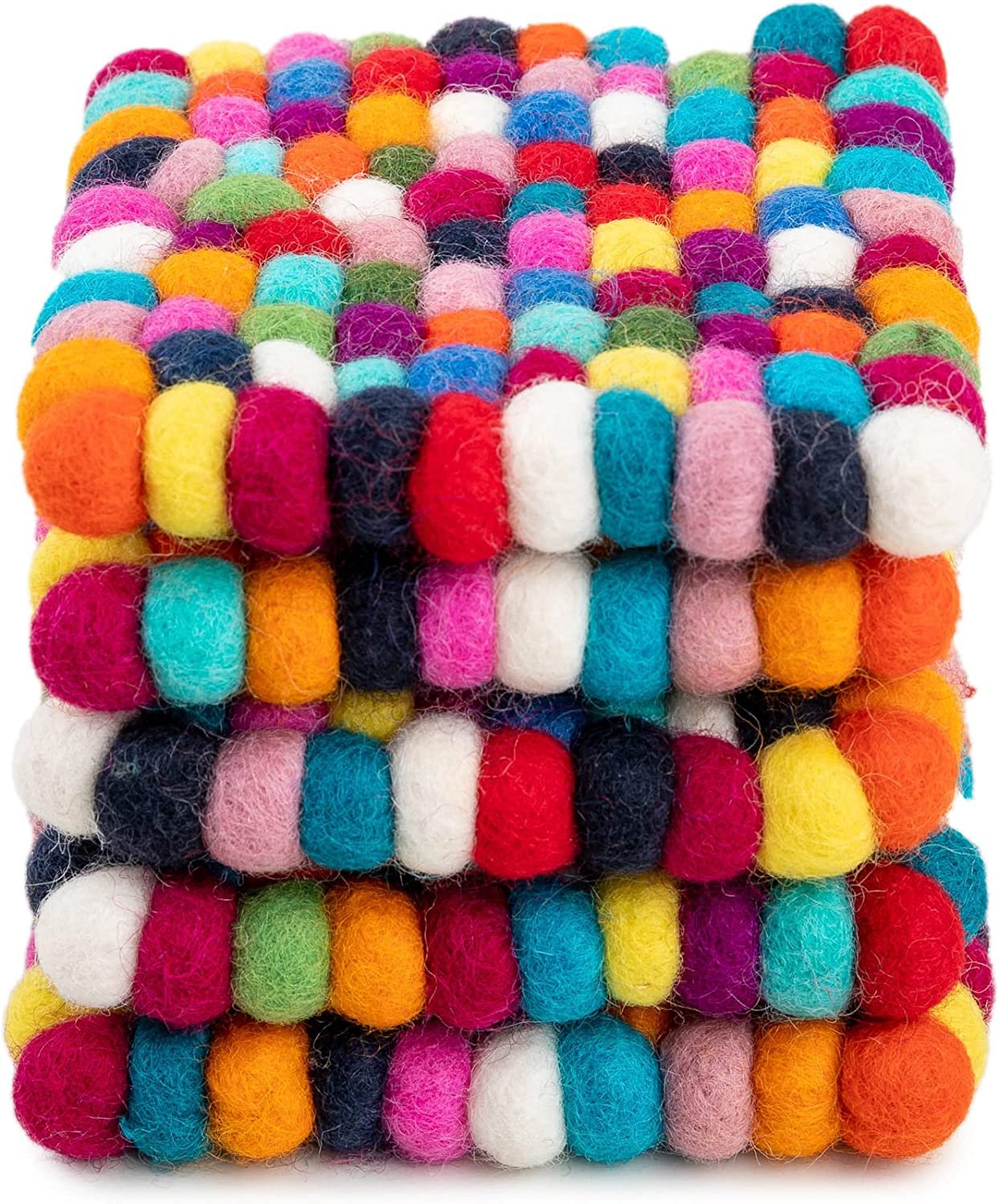 Square Felt Ball Coasters - 100% Merino Wool Table Coasters - Felt Coaster Pads, Absorbent Trivet for Drinks - Heat Resistant, Thick & Durable Hand Felted in Nepal by Woolygon- Multicolor - Set of 5